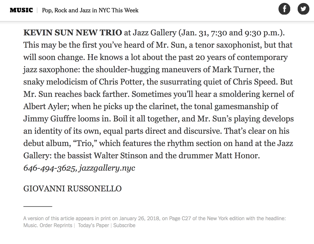 Kevin Sun Trio CD Release Preview in The New York Times